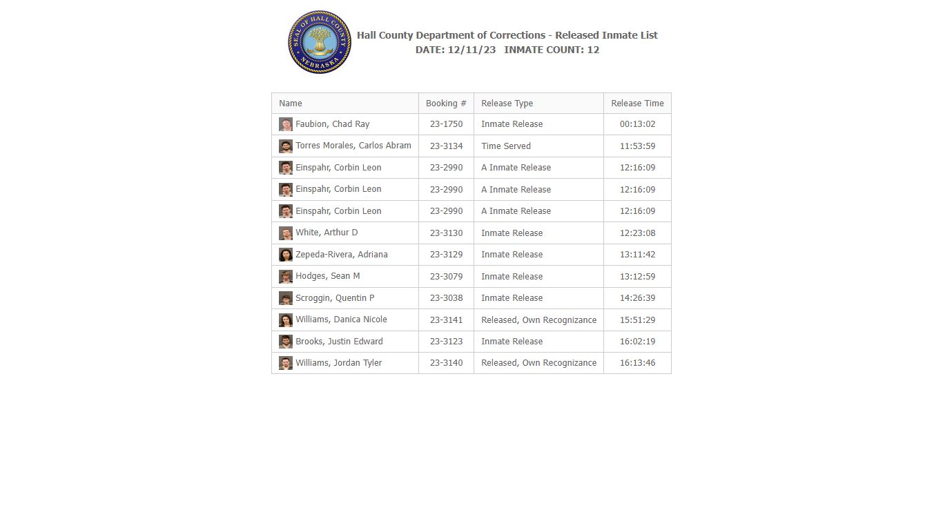 Hall County Department of Corrections - Released Inmate List